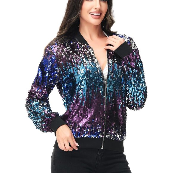 Brand New Women Midnight Blue Polyester  Sequin Bomber Jacket Ribbed Cuffs - Picture 2 of 7